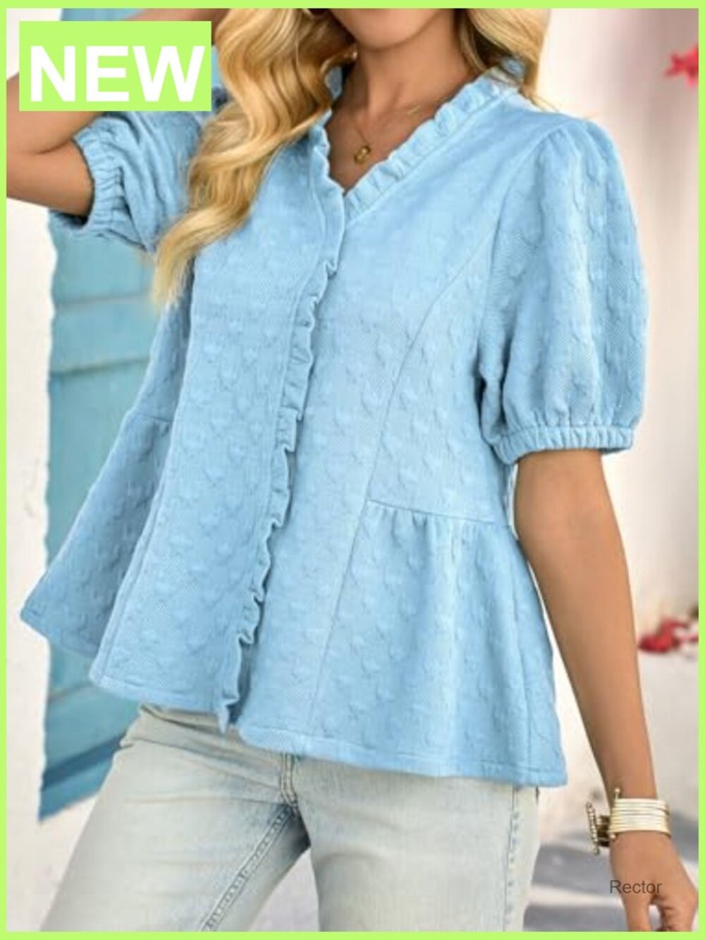 Womens Peplum Puff Sleeve Top V Neck Ruffle Blouse Dressy Casual Textured - Picture 4 of 7